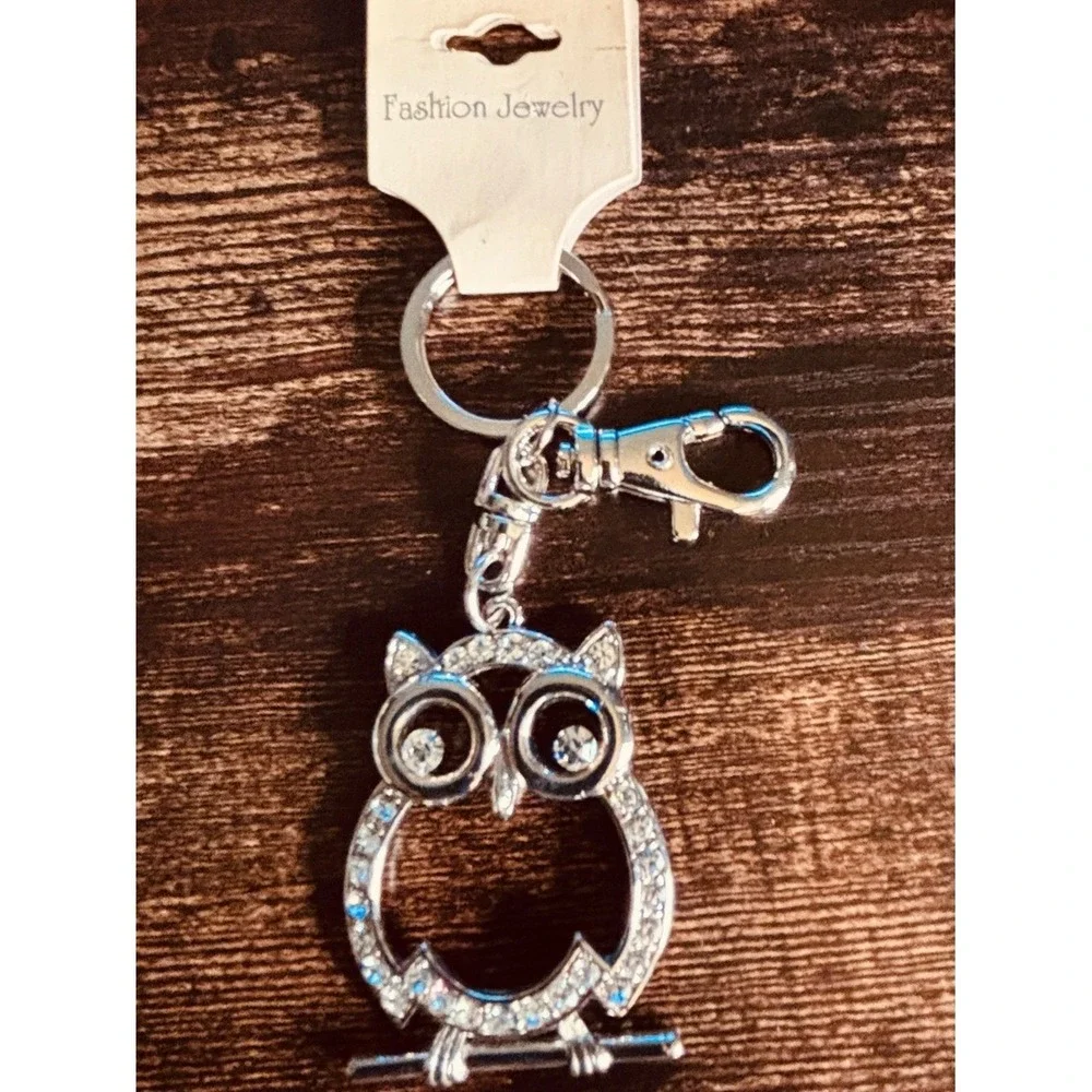 Silver Owl Keychain Rhinestone Crystal Bag Charm Swivel Clasp Fashion Jewelry